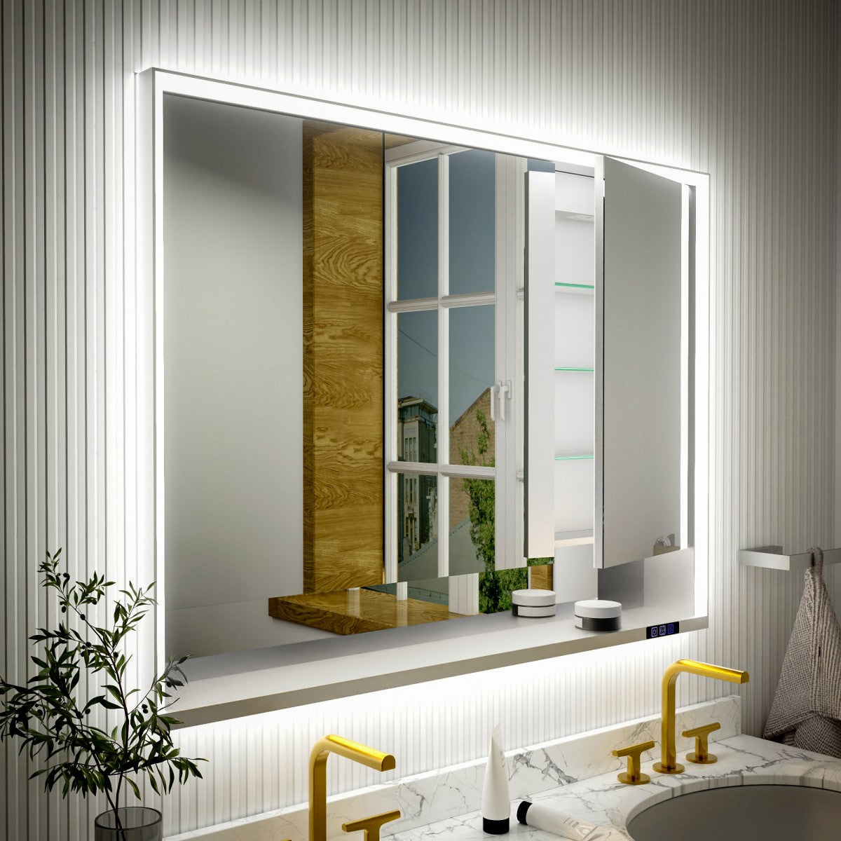 Ample 48" W x 36" H LED Lighted Chrome Medicine Cabinet with Mirror and Shelves for Bathroom Recessed or Surface Mount