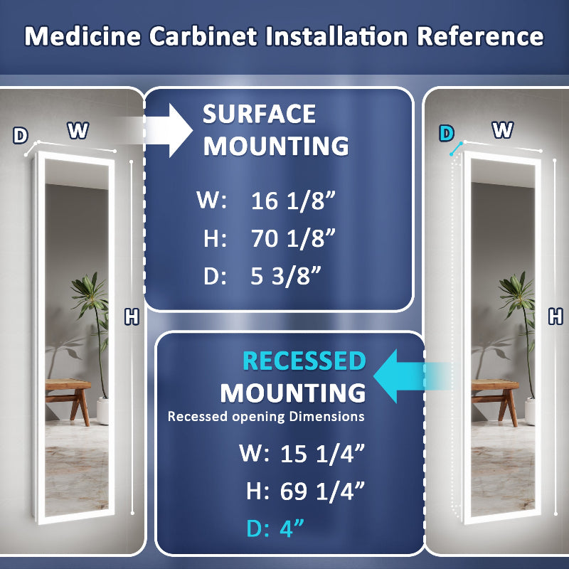 Allsum 16-1/8" x 70-1/8" Full Length Lighted Frameless Single Door Medicine Cabinet