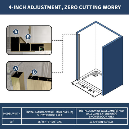 Nexus 56-60W x 70.H Easy Clean Framed Tri-Fold Sliding Shower Door with 1/4" (6mm) Clear SGCC Tempered Glass,Brushed Golde Finish