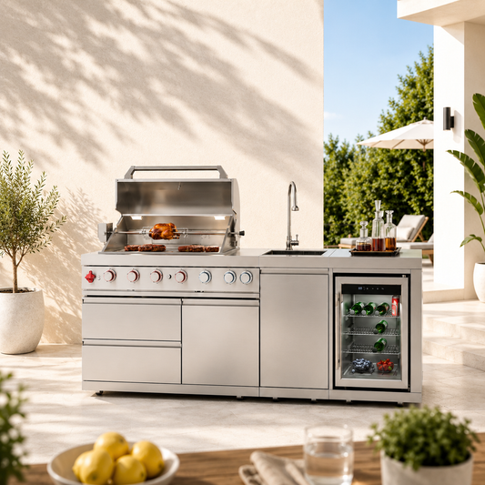 Outdoor Kitchen Island 82.5 Inch 6 Burner Propane Gas BBQ Grill 83500 BTU 304 Stainless Steel Silver Color With CSA, ETL Certification + Sink + Refrigerator