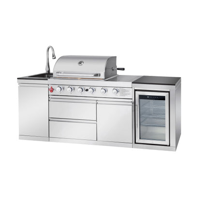 Outdoor Kitchen Island 85.2 Inch 4+1 Burner Propane Gas BBQ Grill 71500 BTU 304 Stainless Steel Silver Color With CSA, ETL Certification + Sink + Refrigerator + Bar Table