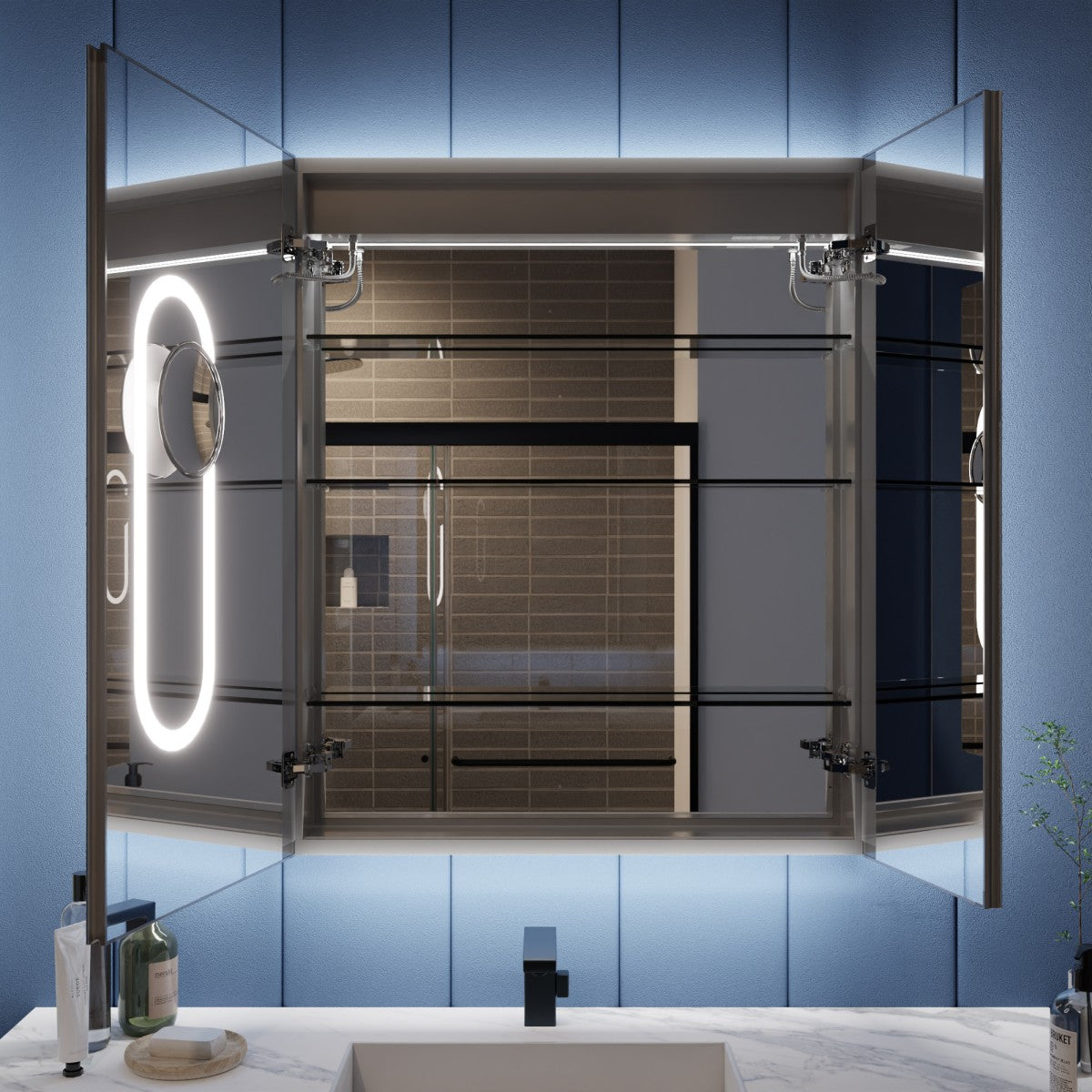 Illusion-B 30" x 36" LED Lighted Inset Mirrored Medicine Cabinet with Magnifiers Front and Back Light