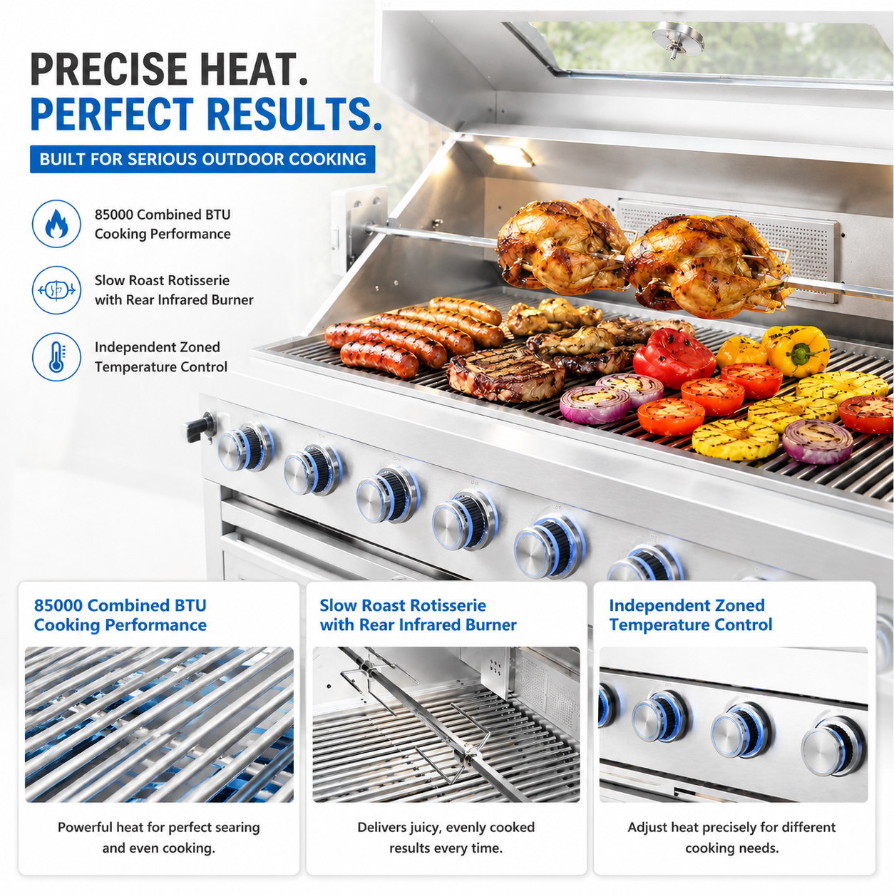 43-Inch 6-Burner 85000 BTU Deluxe Stainless Steel Gas Outdoor Kitchen Bar Barbecue Island Grill  + Rotisserie + Granite Countertops + Storage Cabinets & Drawers + Stainless Steel Sink/Faucet