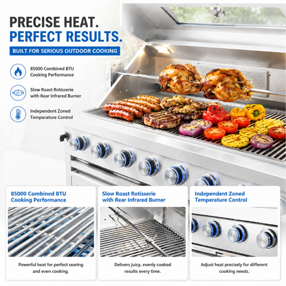44-Inch 6-Burner 85,000 BTU Deluxe Stainless Steel Gas Outdoor Kitchen Island Grill with Wine Cooler Refrigerator, Rotisserie, Granite Countertops, Storage Cabinets & Drawers