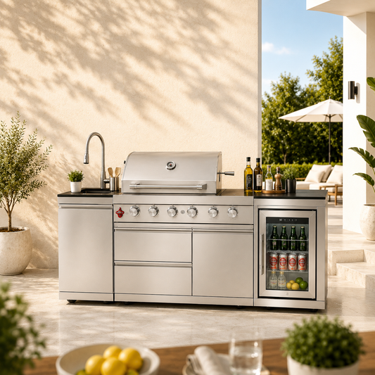 Outdoor Kitchen Island 85.2 Inch 4+1 Burner Propane Gas BBQ Grill 71500 BTU 304 Stainless Steel Silver Color With CSA, ETL Certification + Sink + Refrigerator + Bar Table