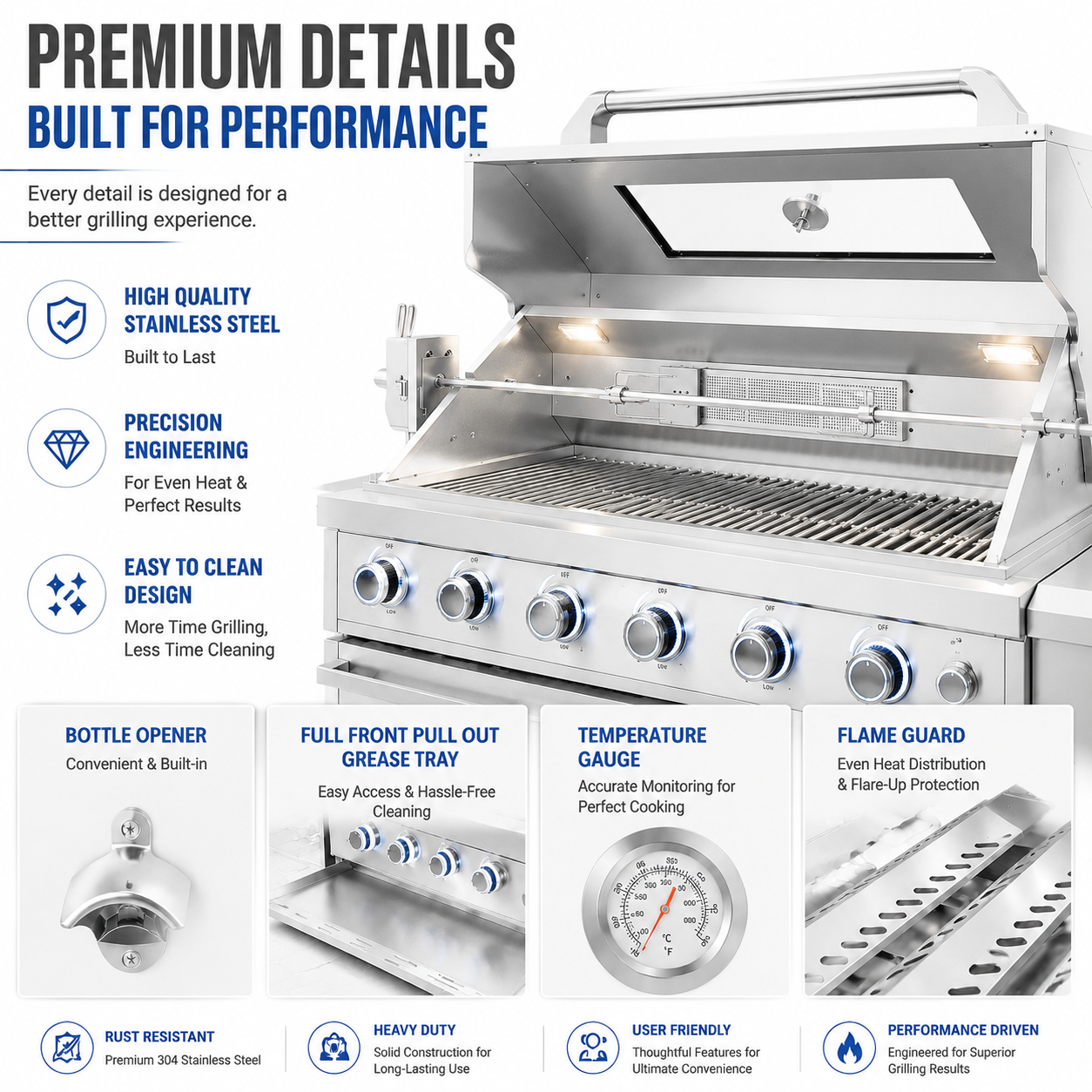 46-Inch 4-Burner 72000 BTU Deluxe Stainless Steel Gas Outdoor Kitchen Bar Barbecue Island Grill  + Wine Cooler Compact Refrigerator + Rotisserie + Granite Countertops + Storage Cabinets & Drawers