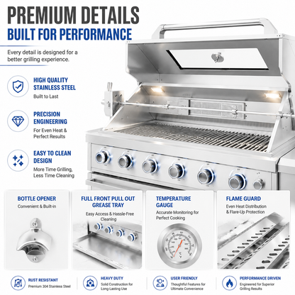 46-Inch 4-Burner 72000 BTU Deluxe Stainless Steel Gas Outdoor Kitchen Bar Barbecue Island Grill  + Wine Cooler Compact Refrigerator + Rotisserie + Granite Countertops + Storage Cabinets & Drawers