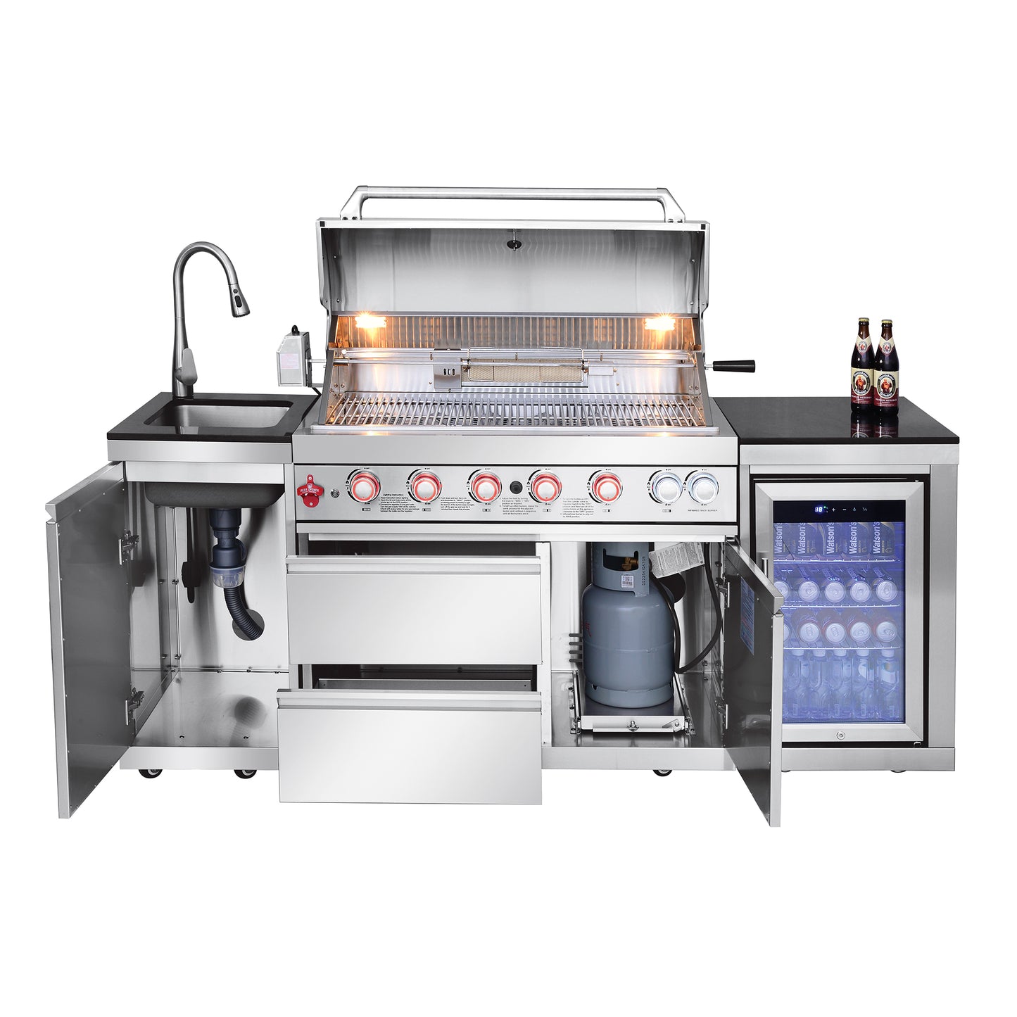 Outdoor Kitchen Island 82.5 Inch 6 Burner Propane Gas BBQ Grill 83500 BTU 304 Stainless Steel Silver Color With CSA, ETL Certification + Sink + Refrigerator