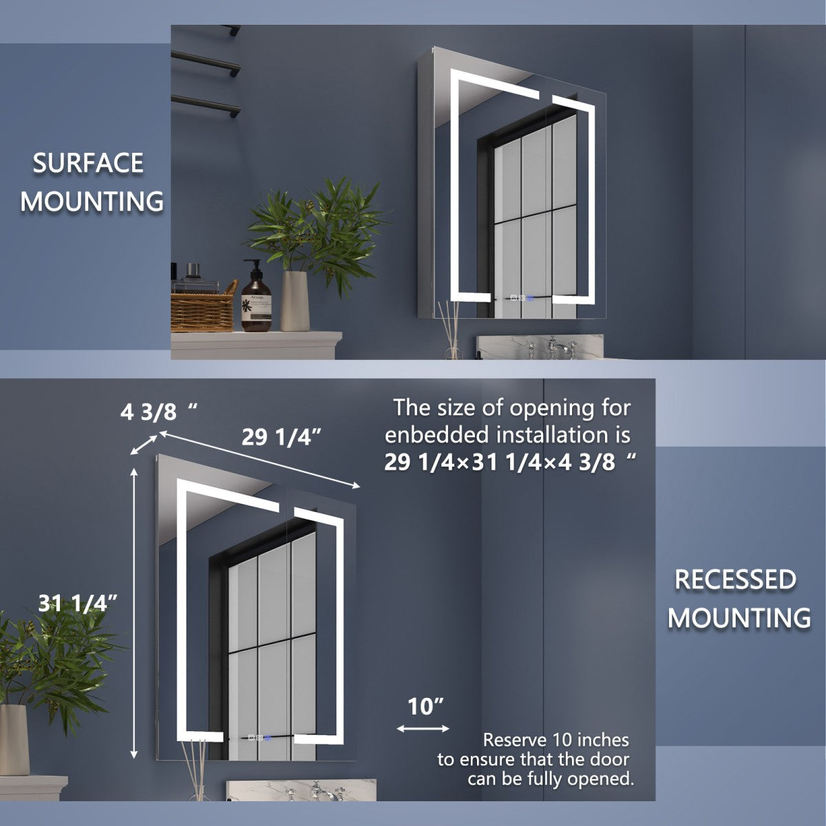 Boost-M2 30" W x 32" H Bathroom Light Medicine Cabinets Recessed or Surface Defogger, Dimmer, Outlets & USB