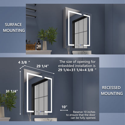 Boost-M2 30" W x 32" H Bathroom Light Medicine Cabinets Recessed or Surface Defogger, Dimmer, Outlets & USB