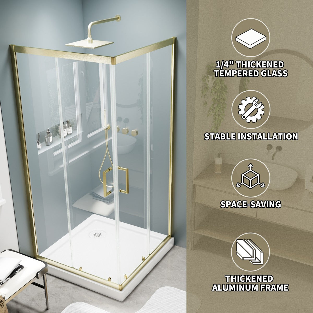 Haven 38" x 72" Corner Shower Enclosure,6mm Clear Glass,Double Sliding Shower Doors,Brushed Gold,Not Base,Adjustable