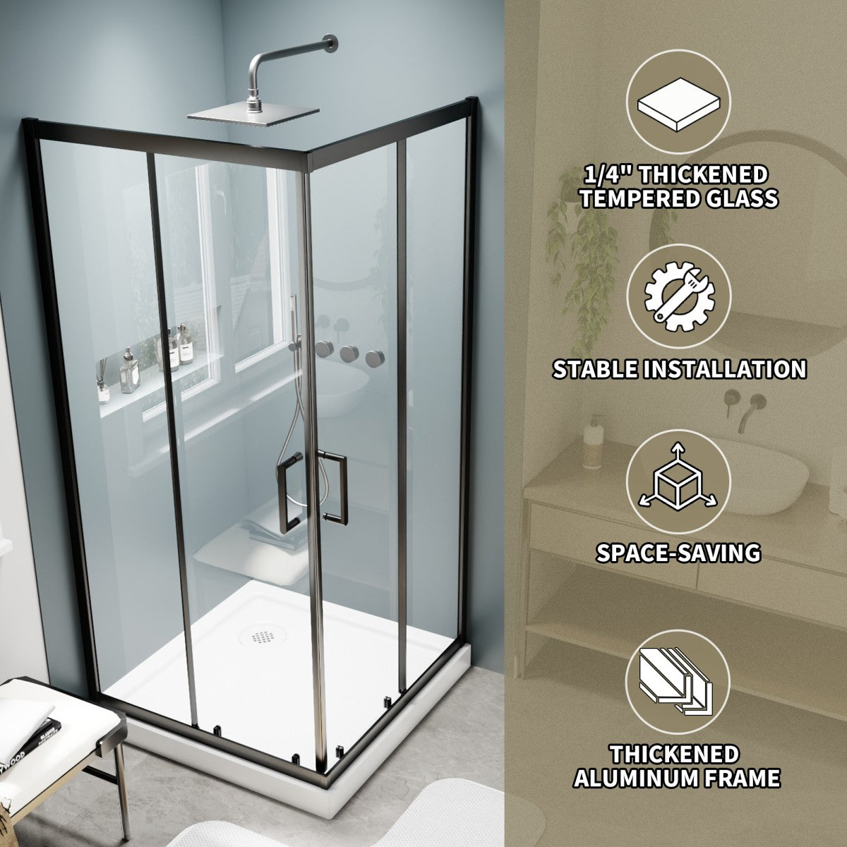 Haven 38" x 72" Matte Black Corner Shower Enclosure,6mm Clear Glass,Double Sliding Shower Doors,Not Base,Adjustable
