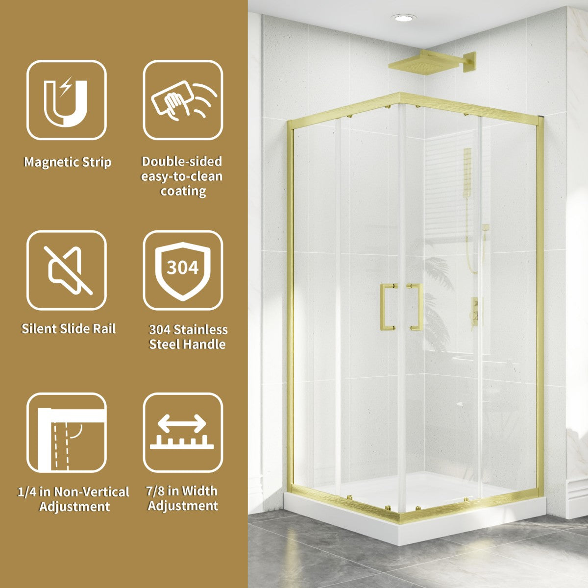 Haven 36" x 72" Corner Shower Enclosure,6mm Clear Glass,Double Sliding Shower Doors,Brushed Gold,Not Base,Adjustable