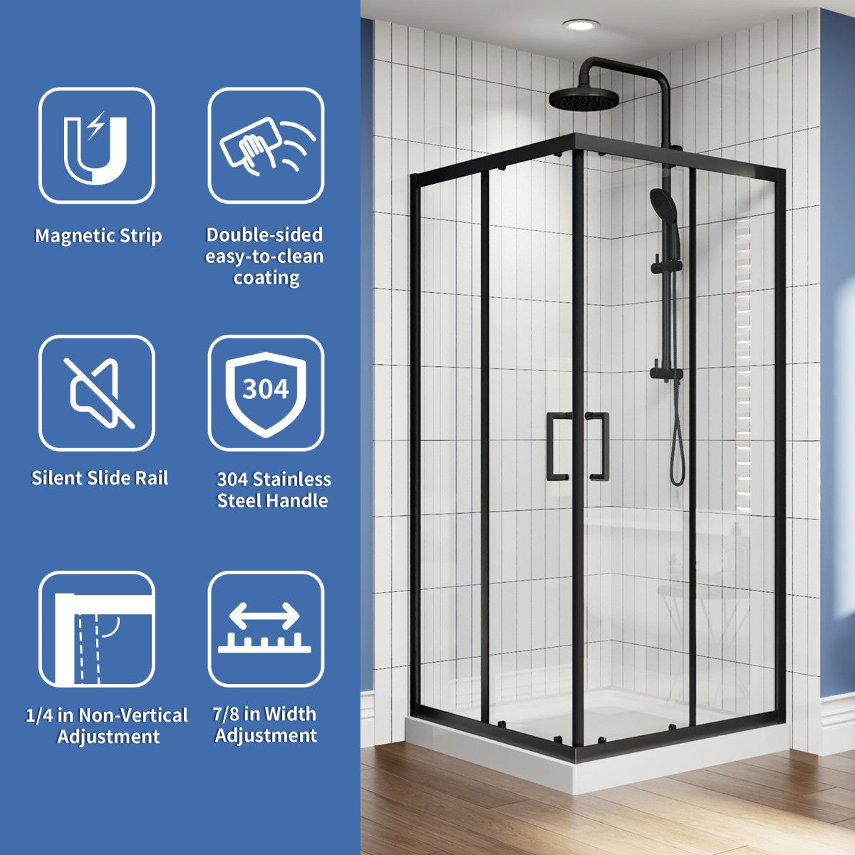 Haven 36" x 72" Matte Black Corner Shower Enclosure,6mm Clear Glass,Double Sliding Shower Doors,Not Base,Adjustable