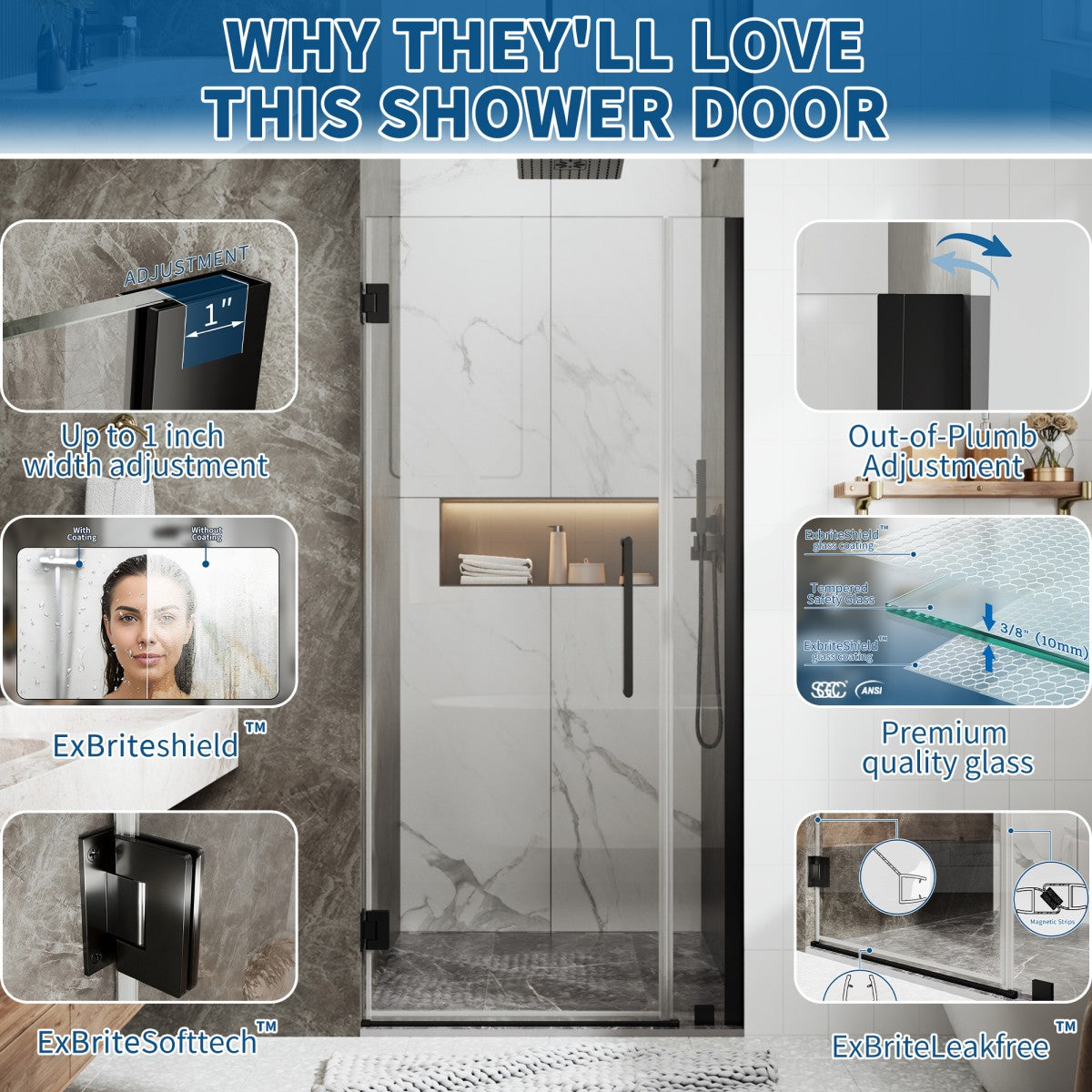 35-36" x 74" Pivot Frameless Shower Door,Matte Black,Easy clean|ExBrite Valor Series