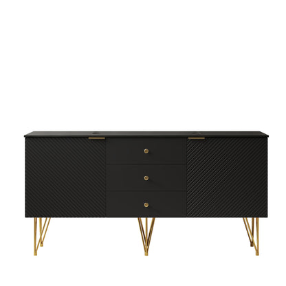 Exbrite 60" Freestanding Black Plywood Cabinet with 3 Drawers and 2 Doors, Black Sintered Stone Top, NO Basin, NO Faucet and Sink Cover|GEMA