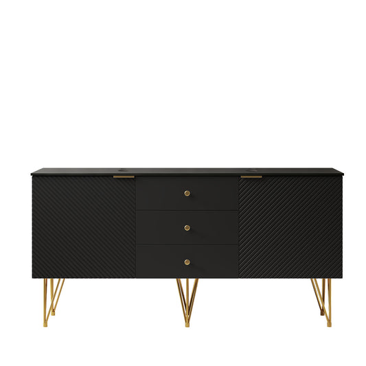 Exbrite 60" Freestanding Black Plywood Cabinet with 3 Drawers and 2 Doors, Black Sintered Stone Top, NO Basin, NO Faucet and Sink Cover|GEMA