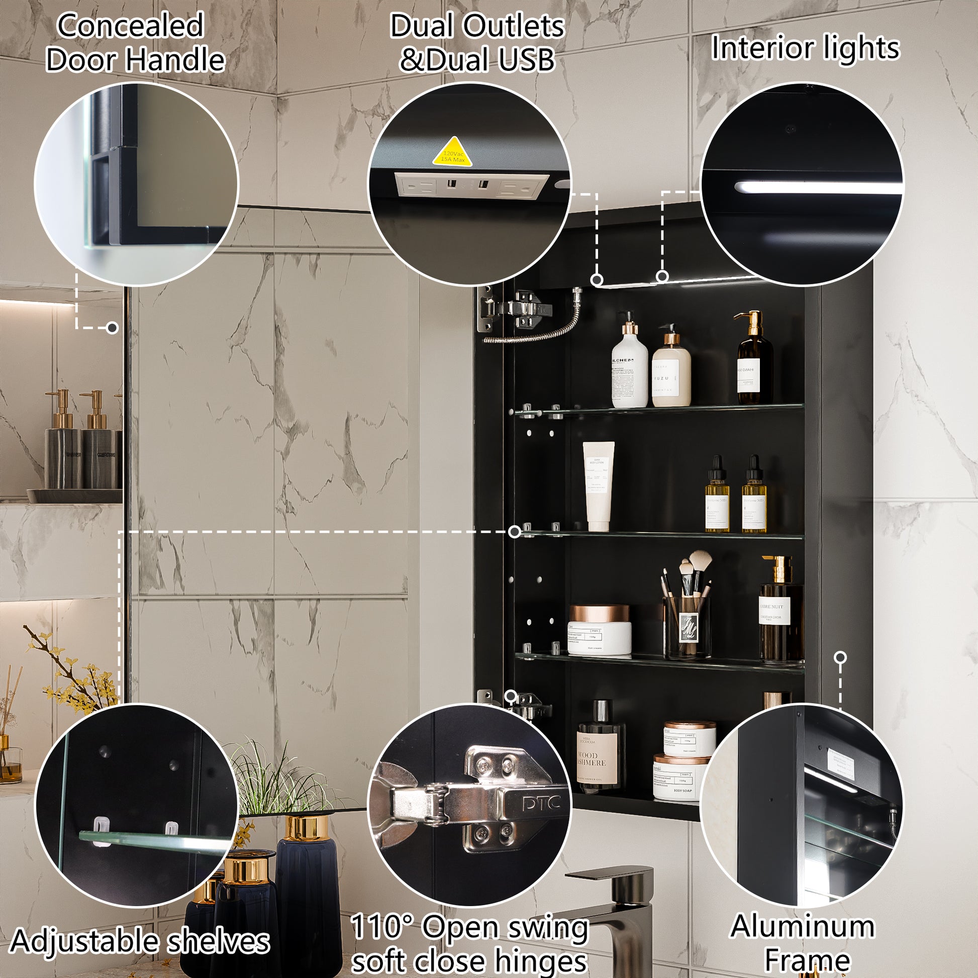 Boost-M1 20" W x 30" H Light Medicine Cabinet Recessed or Surface Mount Aluminum Adjustable Shelves Vanity Mirror Cabinet, Black Frame, Hinge on the Left - ExBriteUSA