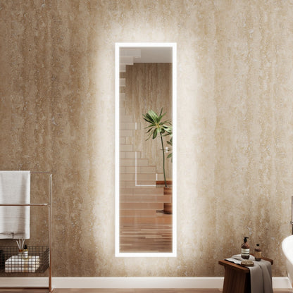 Full-length mirror with LED lighting in a bathroom setting.