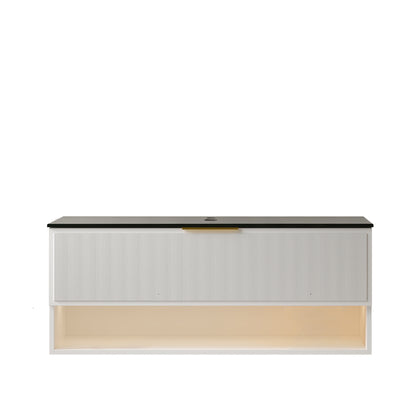 Exbrite 48' Wall Mounted White Plywood Cabinet with One Drawer and One Open Shelf, Black Stone Sintered Stone Top, NO Basin, NO Faucet and Sink Cover|MALONE
