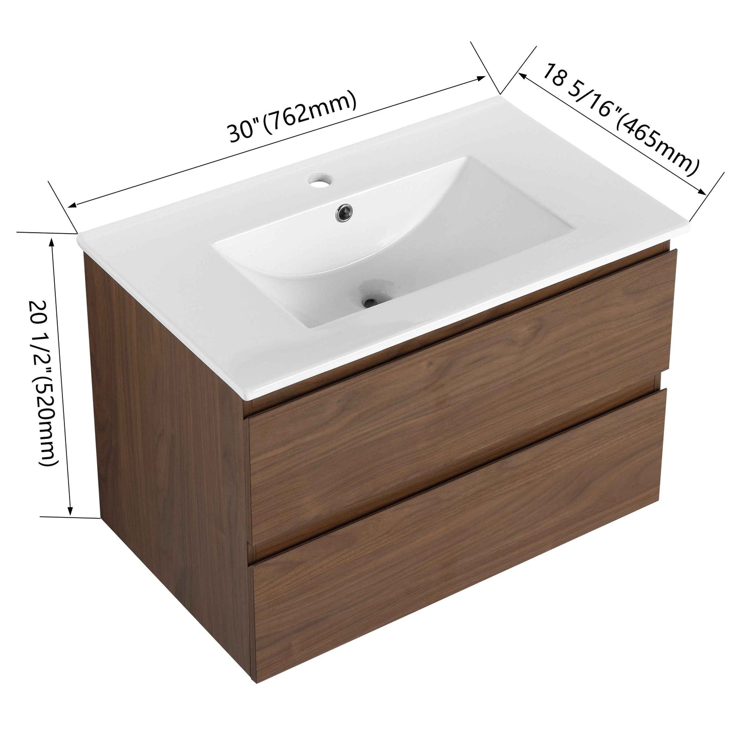 30' Wall-Mounted Bathroom Vanity With Ceramic Sink, KD-Package,2-Soft Close Drawers, KD-Package