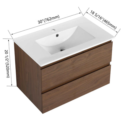 30' Wall-Mounted Bathroom Vanity With Ceramic Sink, KD-Package,2-Soft Close Drawers, KD-Package