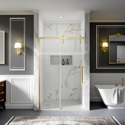 Shower Doors Sliding, 44-48"x76" Frameless Door Brushed Gold | ExBrite Elysian-R Series