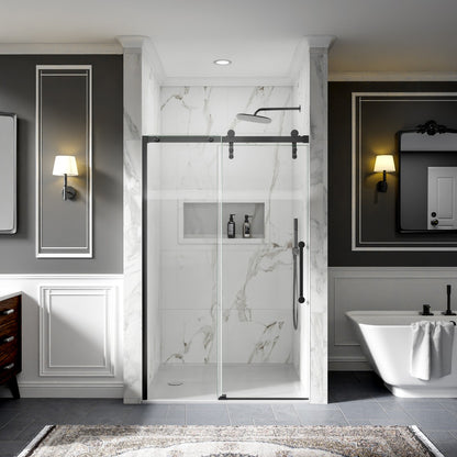 44-48" x 76" Frameless Barn Door Shower with Matte Black Finish, Easy Clean, Fixed Glass Left | ExBrite Elysian-R Series