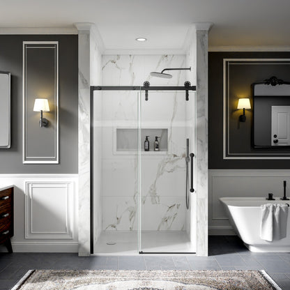44-48" x 76" Frameless Sliding Shower door,Matte Black,Easy clean,Fixed Glass Left|ExBrite Elysian-F Series