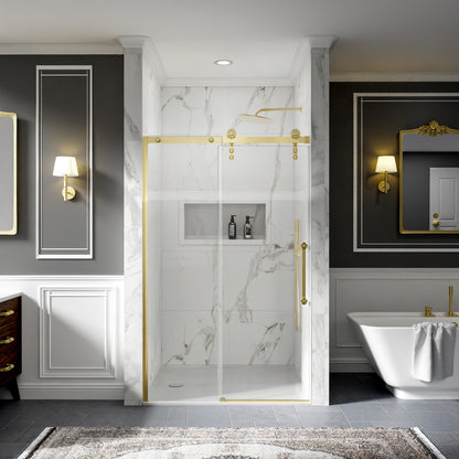 44-48" x 76" Frameless Sliding Shower Barn Door, Brushed Gold, Easy Clean, Fixed Glass Left | ExBrite Elysian-S Series