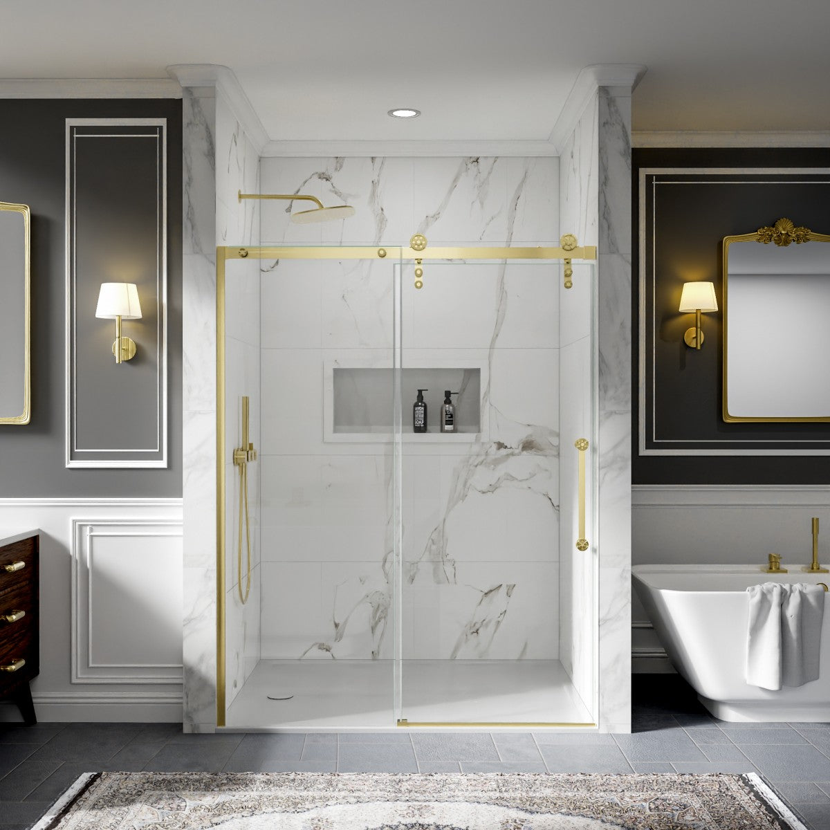 56-60" x 76" Frameless Sliding Shower door,Brushed Gold,Easy clean,Fixed glass left|ExBrite Elysian-S Series