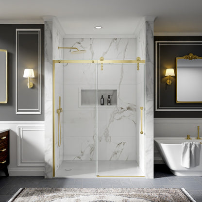 56-60" x 76" Frameless Sliding Shower door,Brushed Gold,Easy clean,Fixed glass left|ExBrite Elysian-S Series