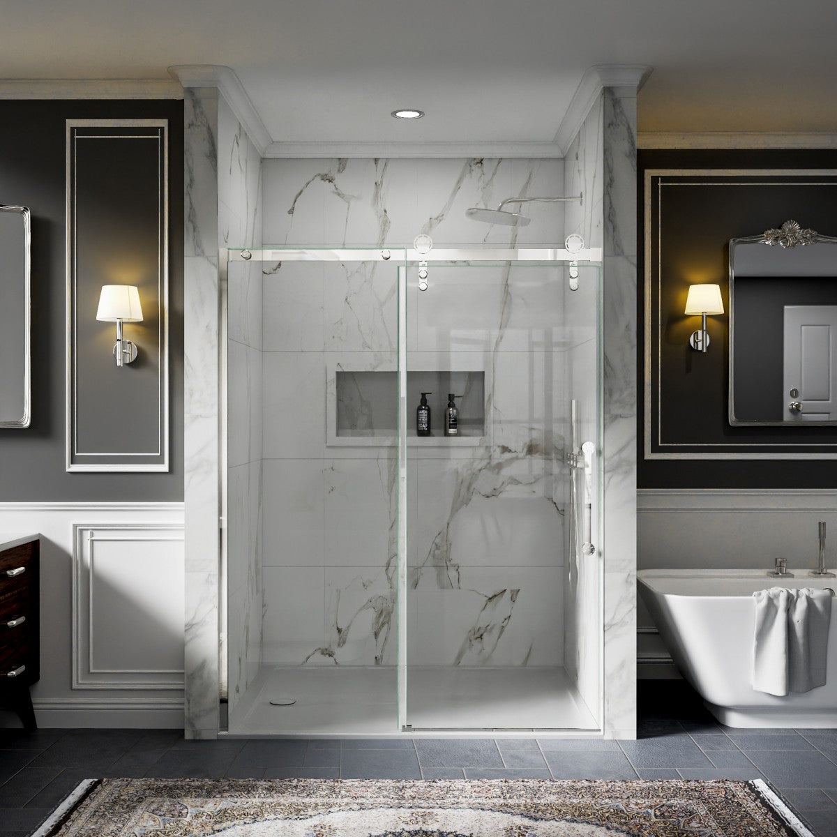 56-60" x 76" Frameless Sliding Shower Glass Sliding Doors, Chrome, Easy Clean, Fixed Glass Left | ExBrite Elysian-F Series