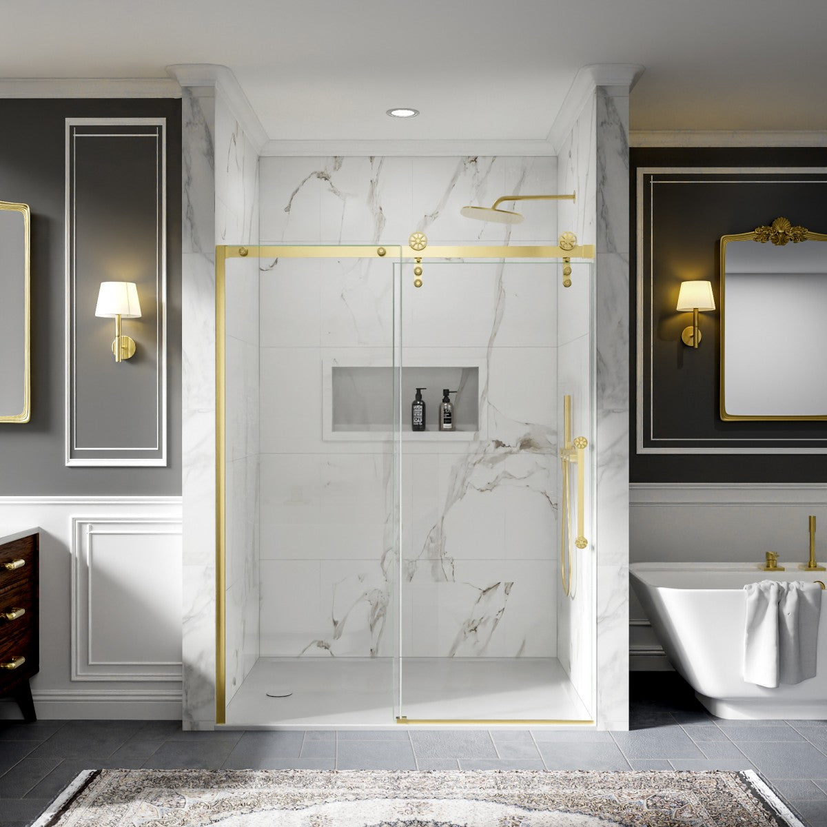 56-60" x 76" Frameless Sliding Barn Door Shower, Brushed Gold, Easy Clean, Fixed Glass Left | ExBrite Elysian-F Series