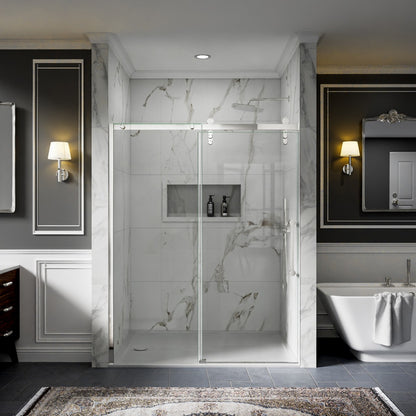 56-60" x 76" Frameless Chrome Glass Sliding Shower Door with Fixed Glass Left | ExBrite Elysian-R Series, Easy Clean