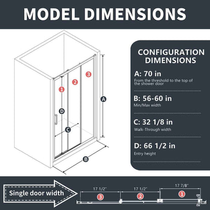 Nexus 56-60W x 70.H Easy Clean Triple Framed Sliding Shower Door with 1/4" (6mm) Clear SGCC Tempered Glass,Brushed Golde Finish (Copy)