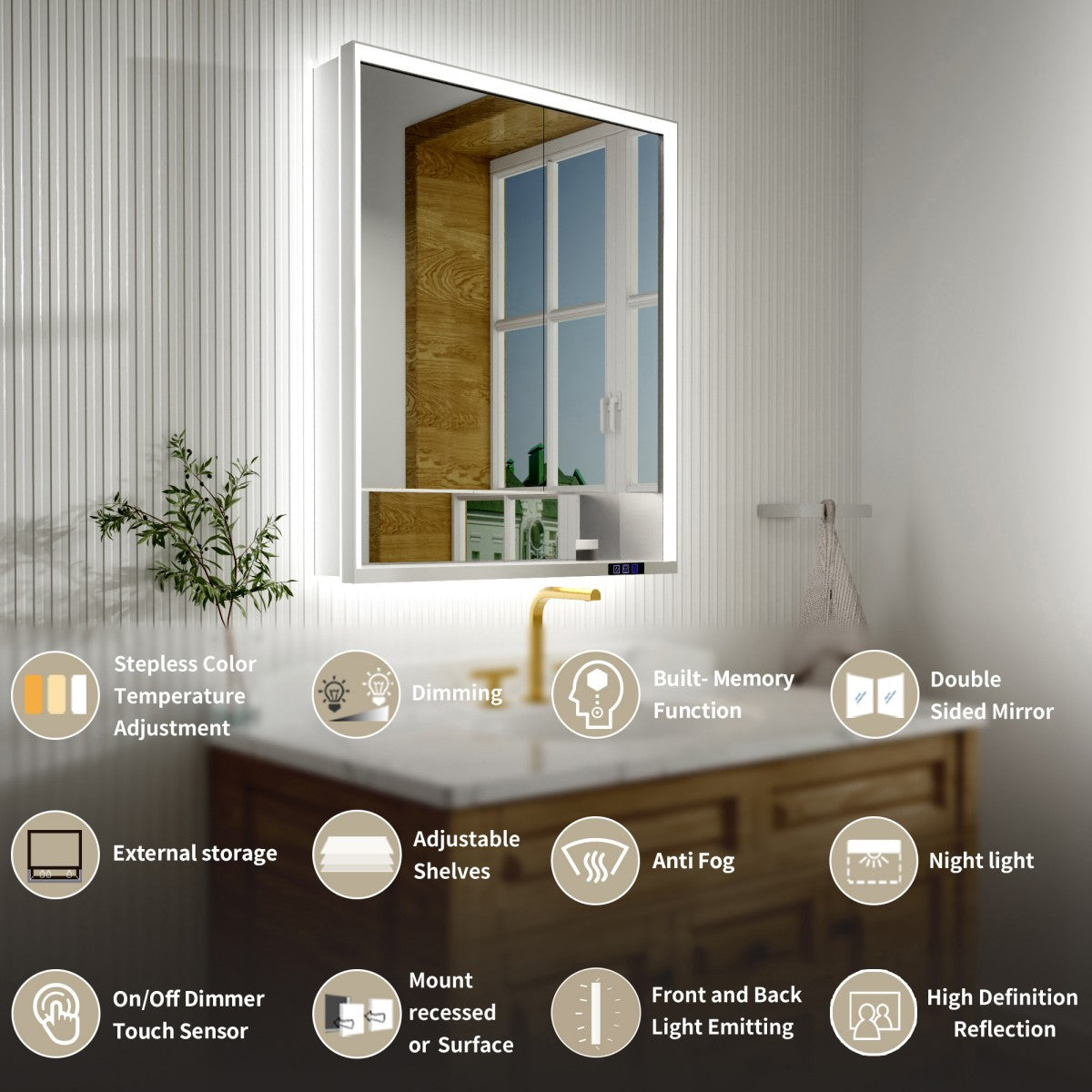 Ample 30" W x 36" H Contemporary Medicine Cabinet with LED Light, Mirror, and Shelves for Bathroom Recessed or Surface Mount