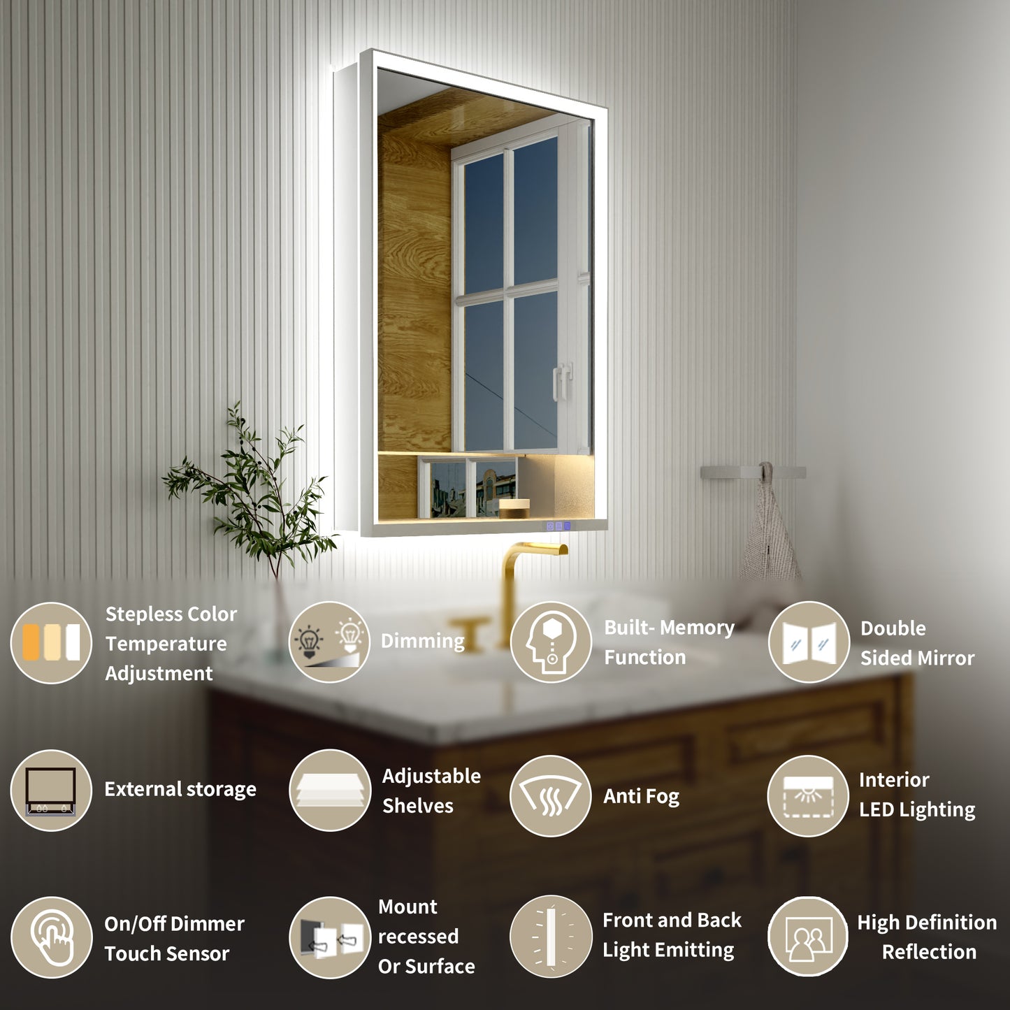 Ample 24" W x 36" H LED Lighted Chrome Medicine Cabinet with Mirror and Shelves for Bathroom Recessed or Surface Mount