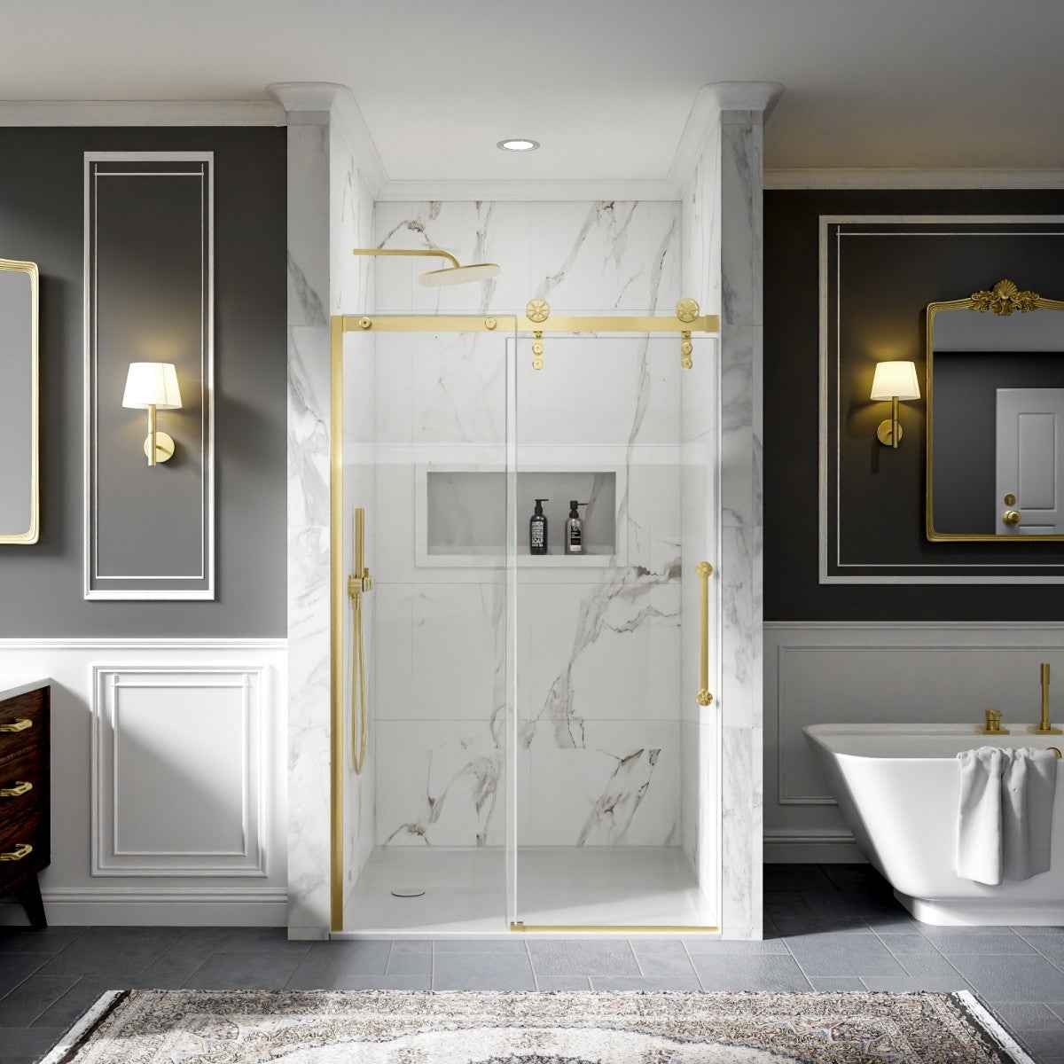 44-48" x 76" Frameless Sliding Shower door,Brushed Gold,Easy clean|ExBrite Elysian-S Series