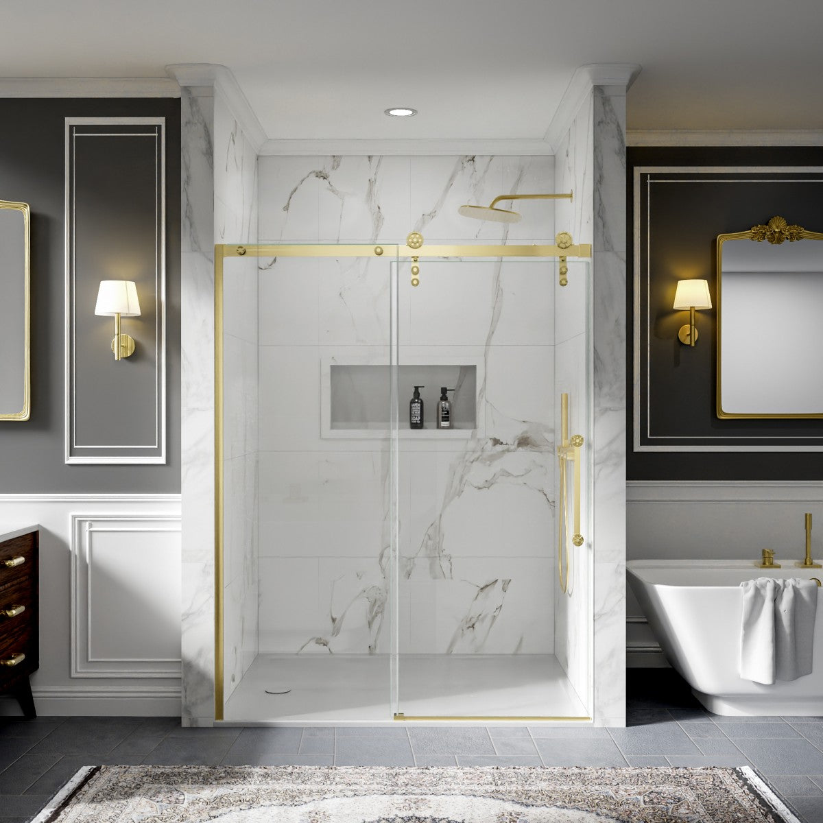 56-60" x 76" Frameless Barn Door Style Shower Door - Brushed Gold, Easy Clean, Fixed Glass Left | ExBrite Elysian-S Series