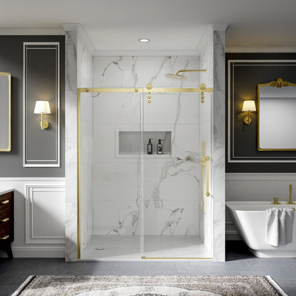 56-60" x 76" Frameless Barn Door Style Shower Door - Brushed Gold, Easy Clean, Fixed Glass Left | ExBrite Elysian-S Series