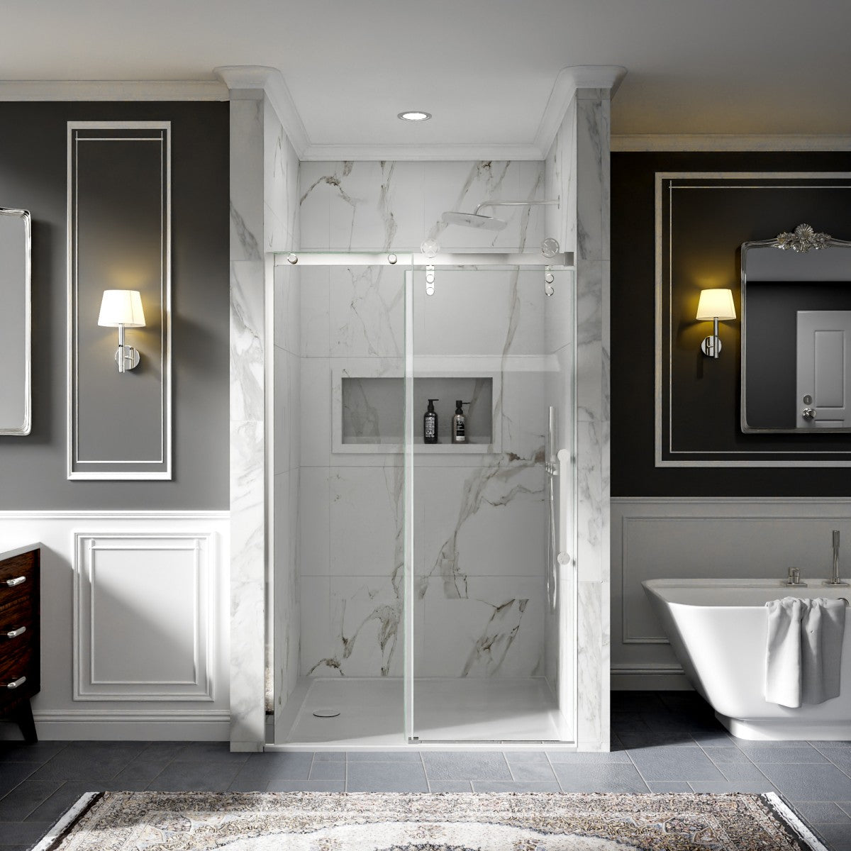 44-48" x 76" Frameless Barn Style Shower Door, Chrome, Easy Clean, Fixed Glass Left | ExBrite Elysian-F Series