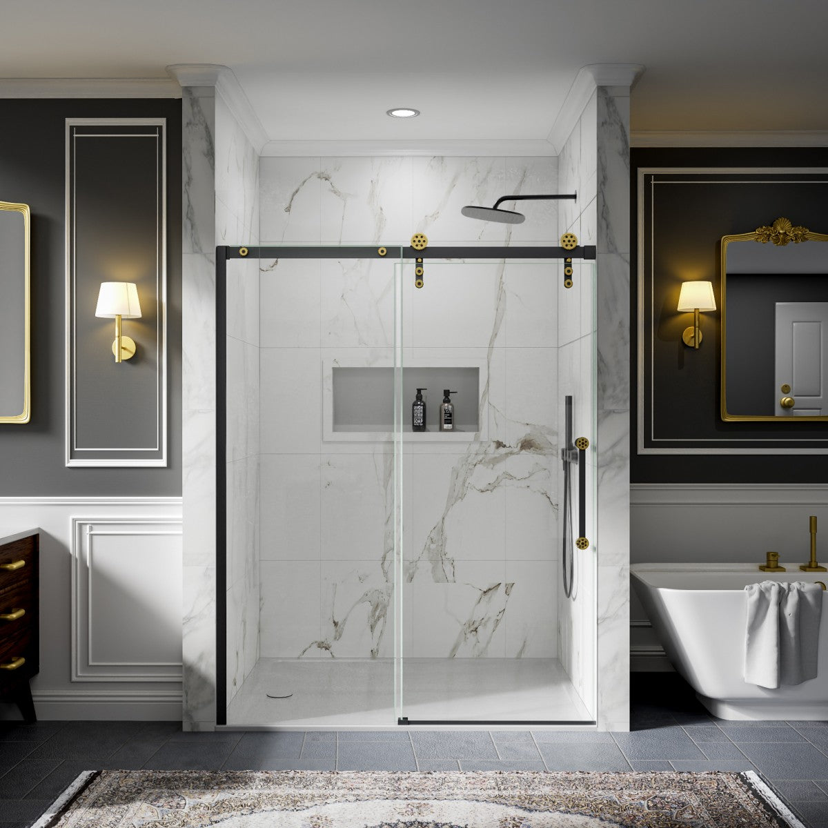 56-60" x 76" Black Gold Frameless Showers Door - Easy Clean Fixed Glass Left | ExBrite Elysian-S Series