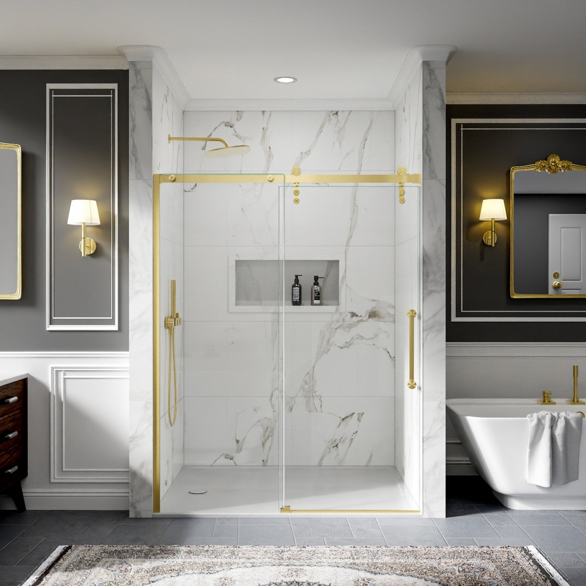 56-60" x 76" Frameless Sliding Shower door,Brushed Gold,Easy clean,Fixed Glass Left|ExBrite Elysian-R Series
