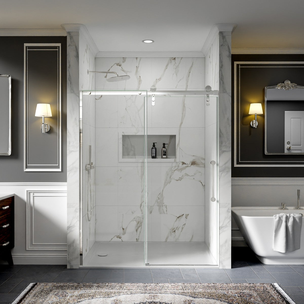56-60" x 76" Frameless Sliding Shower door,Chrome,Easy clean,Fixed Glass Left|ExBrite Elysian-S Series