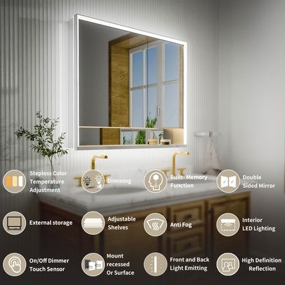 Ample 42" W x 36" H LED Lighted Chrome Medicine Cabinet with Mirror and Shelves for Bathroom Recessed or Surface Mount