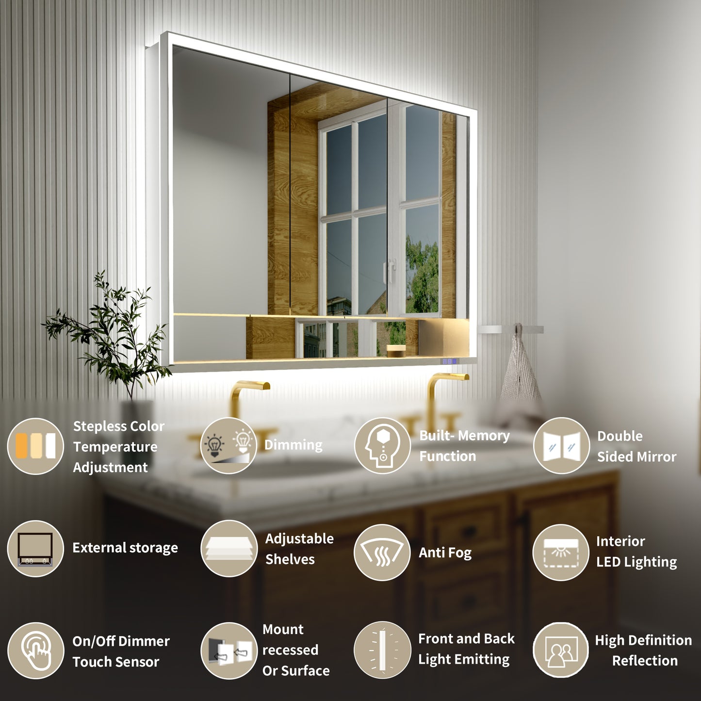 Ample 48" W x 36" H LED Lighted Chrome Medicine Cabinet with Mirror and Shelves for Bathroom Recessed or Surface Mount