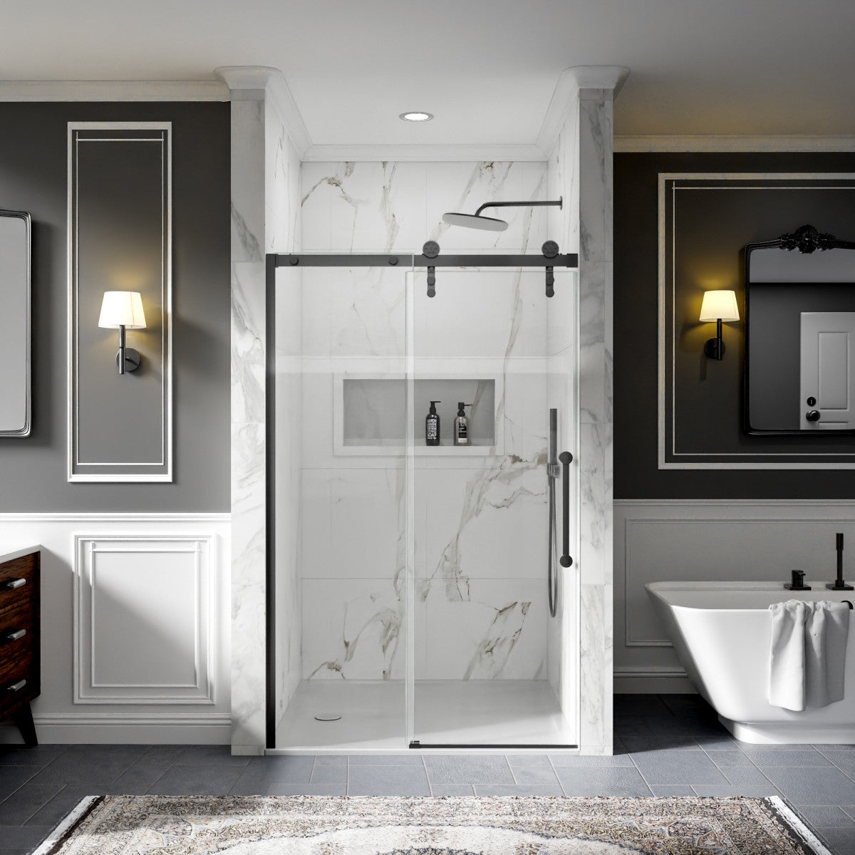 44-48" x 76" Frameless Sliding Barn Door Shower Door, Matte Black, Easy Clean, Fixed Glass Left | ExBrite Elysian-S Series