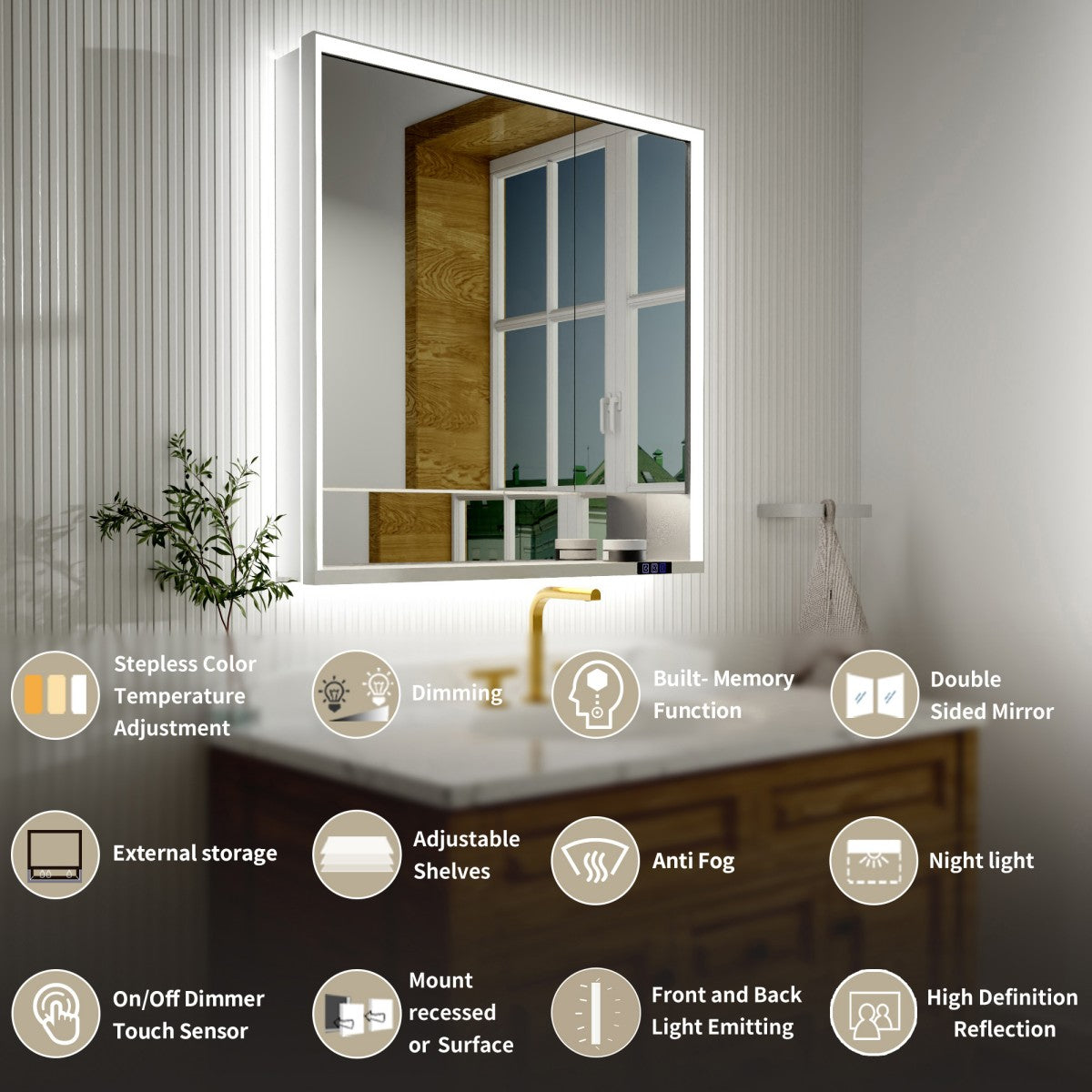 Ample 36" W x 36" H LED Lighted Chrome Medicine Cabinet with Mirror and Shelves for Bathroom Recessed or Surface Mount