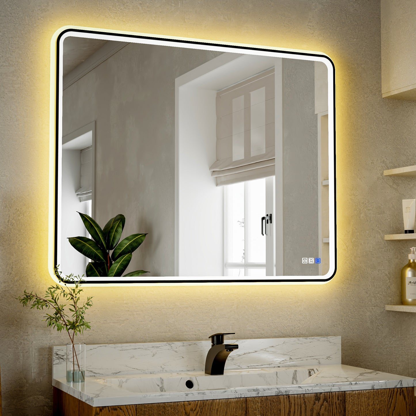Lumina 40" W x 32" H LED Lighted Bathroom Mirror,High Illuminate, Inner & Outer Lighting,Anti-Fog, Dimmable,Black Frame with Rounded Corners